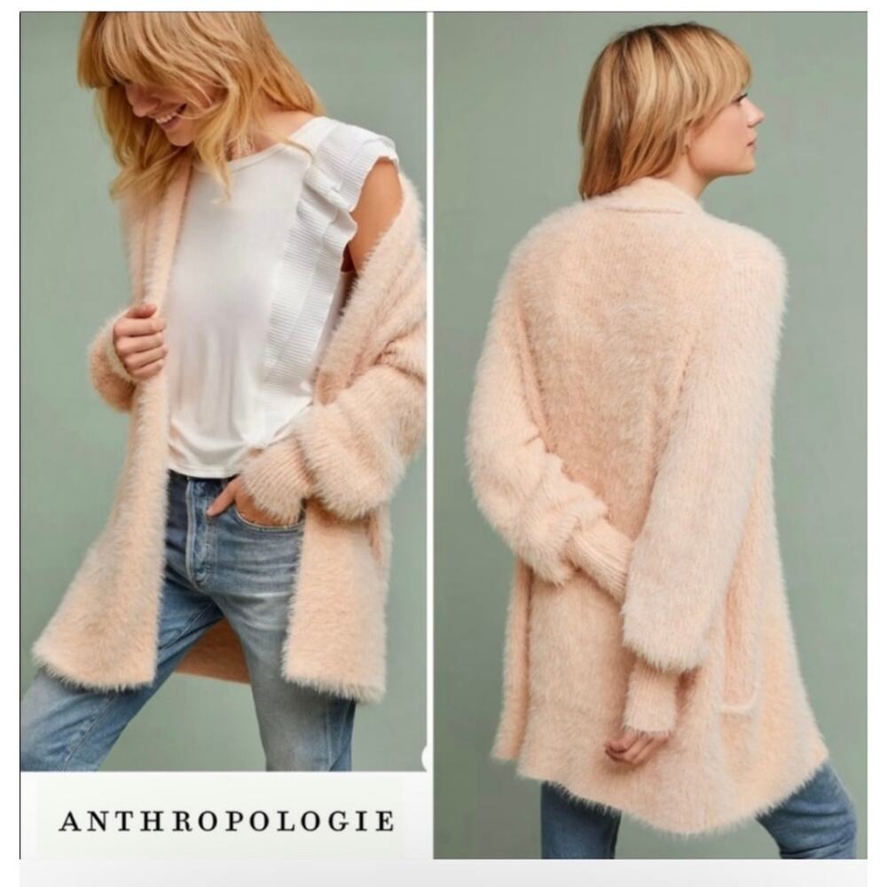 EUC Anthropologie Knitted & Knotted Pink Fuzzy Eyelash Cardigan XS Oversized Fit